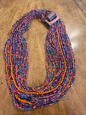 VTG 'MONIES' Red, blue and orange Bead Necklace multi strand